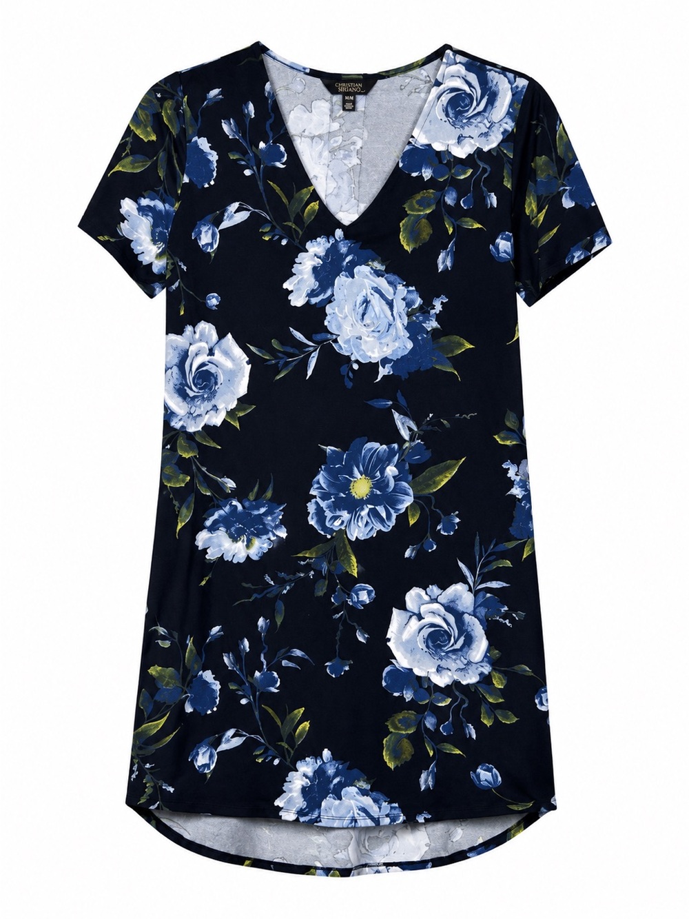 Christian Siriano Floral Dress M Blue Black V Neck Shift Tunic Casual Midi Dress